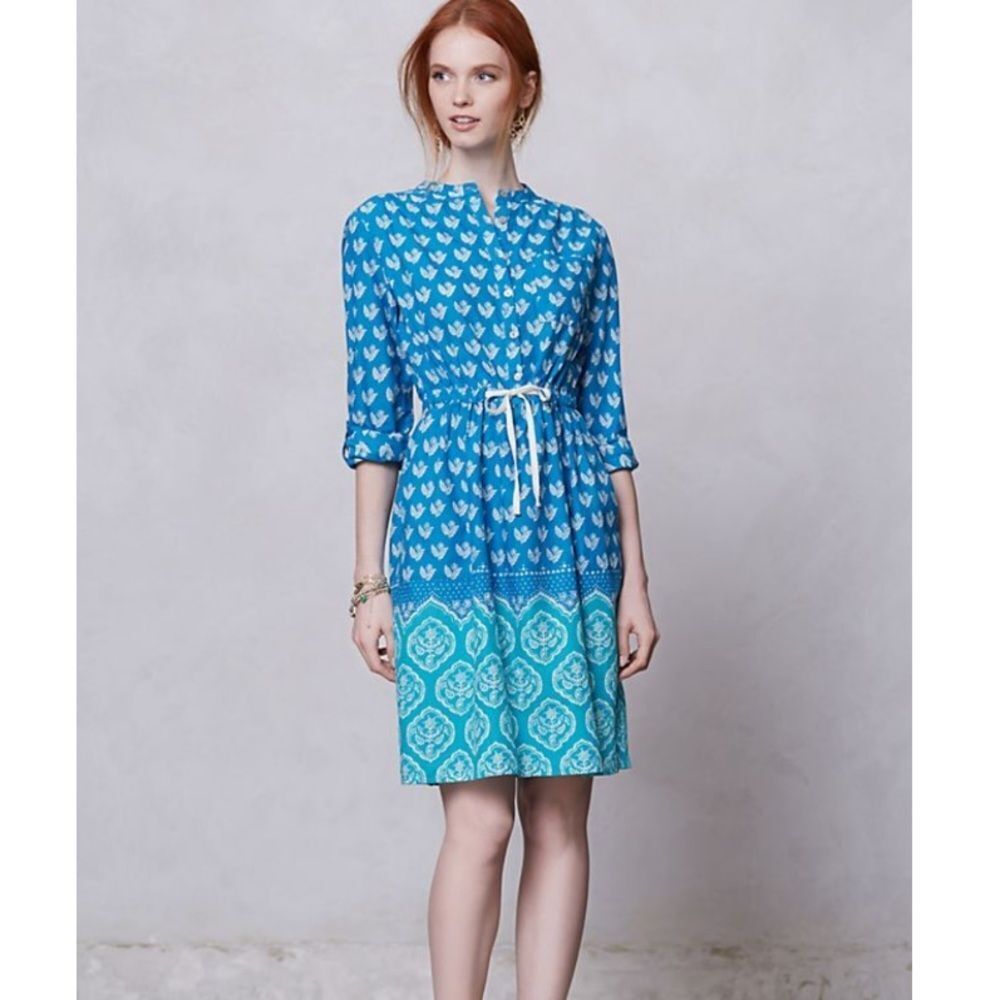 Anthropologie Anila Cotton Turquoise Blue Patterned Long Sleeve Dress Size US 8